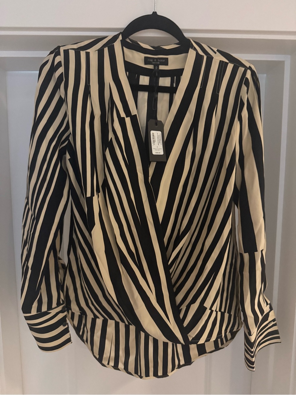 rag & bone Black and Cream Striped Wrap-Style Blouse